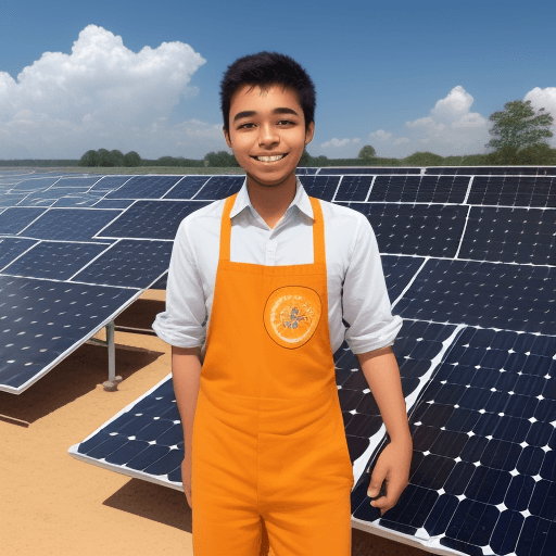 AI generated: The young cute entrepreneur smiling and standing in front of solar panels that he has built