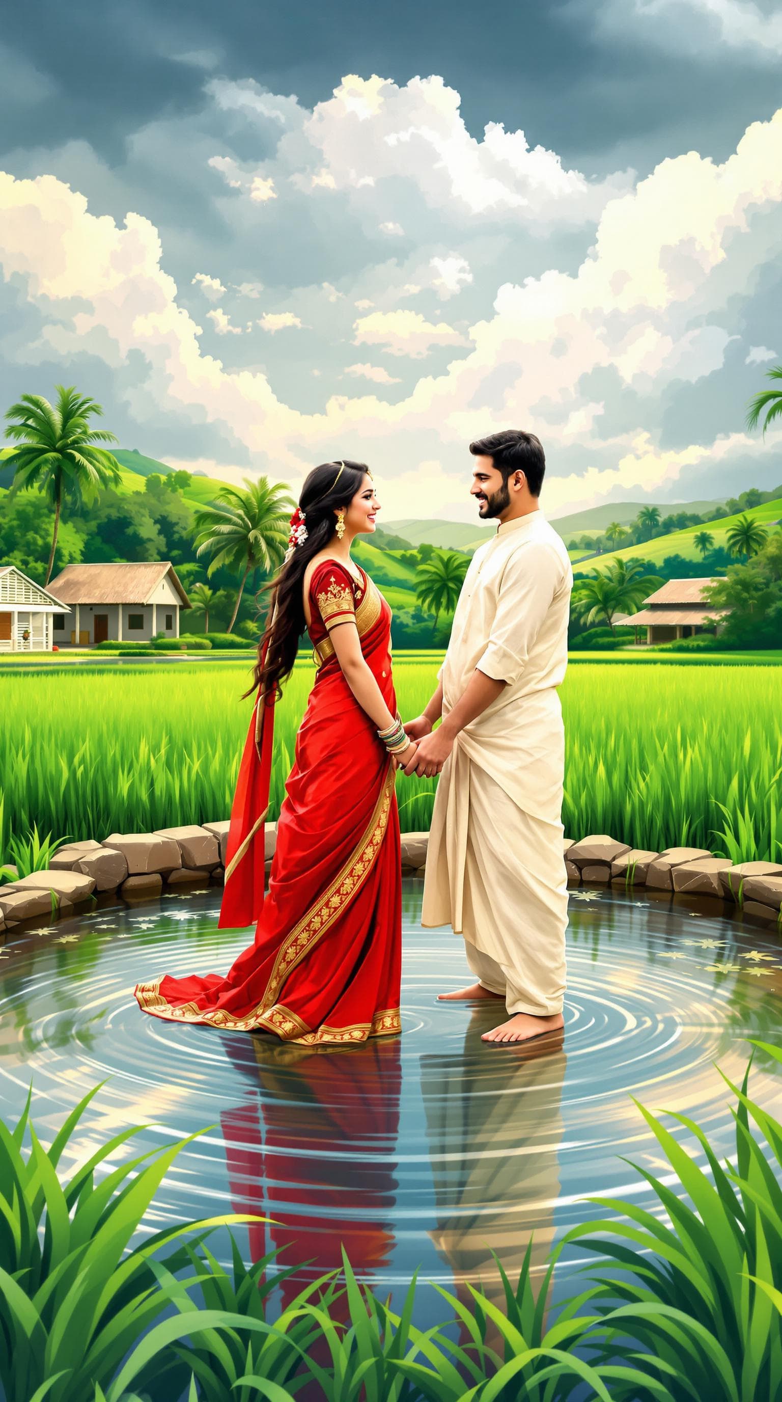 AI generated: A young couple, likely in their 20s, of South Asian descent, dressed in traditional attire, joyfully...