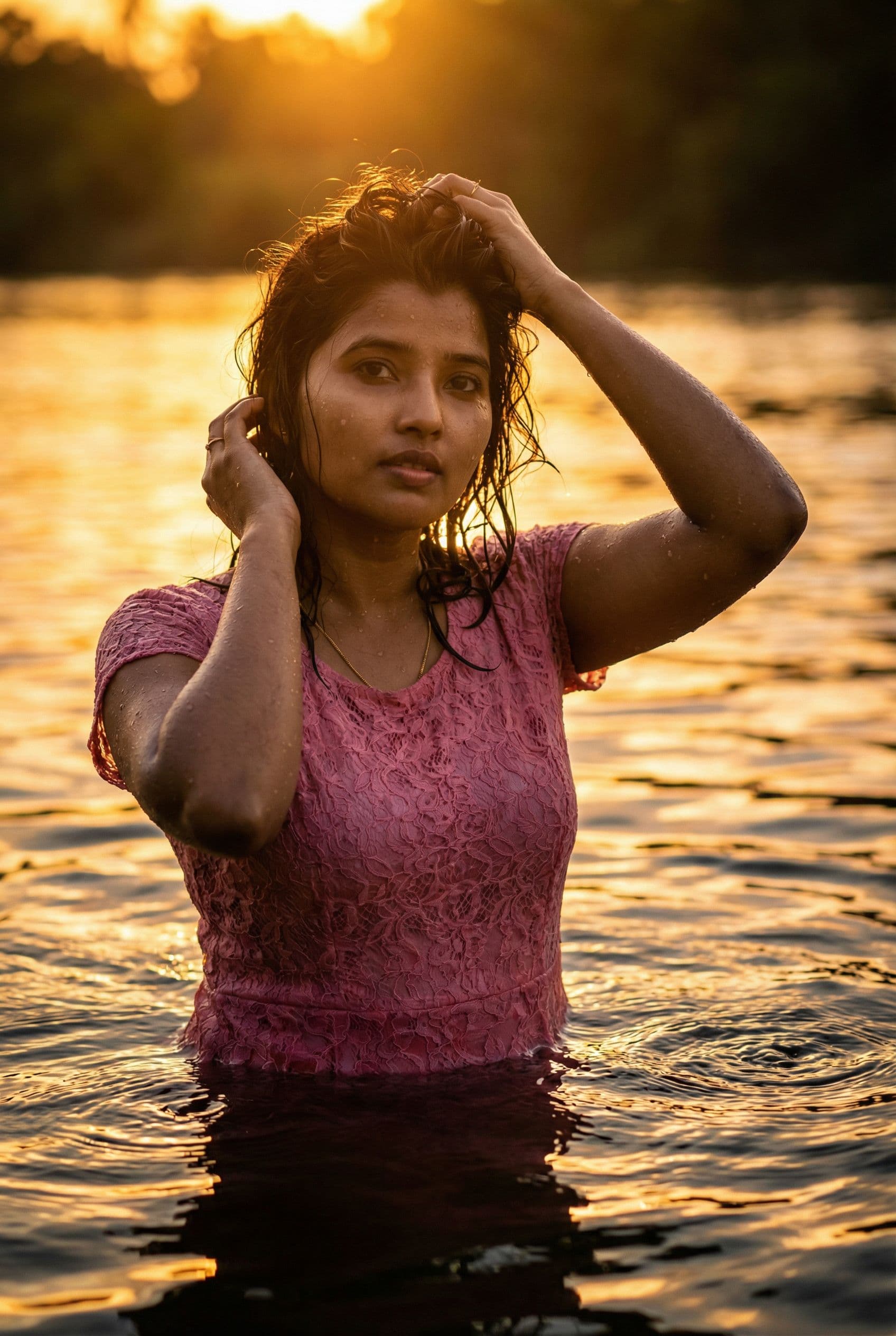 AI generated: The uploaded woman stands by a river. The setting sun, a fiery sunset, golden clouds, and golden rip...