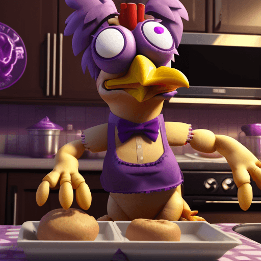 AI generated: 3d, chicken, animatronic, ChicaFNAF, purple eyes, Chica in the kitchen. <lora:FNAFV1_11:0.6>