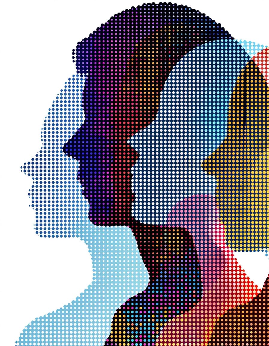 AI generated: dot matrix, minimalist geometric art, digital dot, vector graphics, front view of abstract human sil...