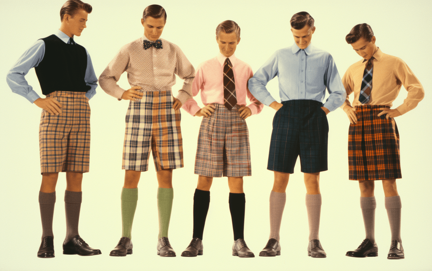 AI generated: A vintage fashion advertisement showing different styles of men's shorts and socks, including knee-h...