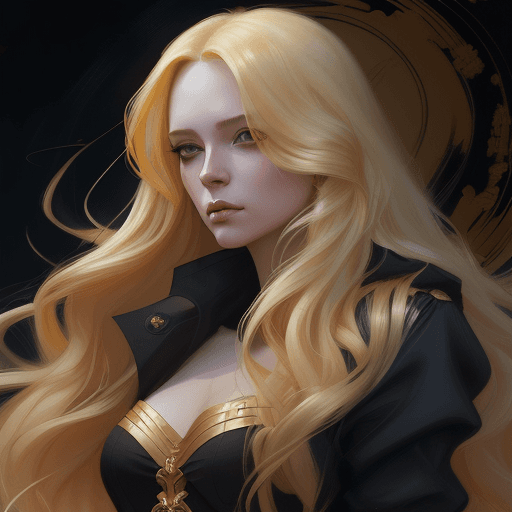 AI generated: a woman with long yellow hair in a gold painting, in the style of charlie bowater, dark blue and dar...