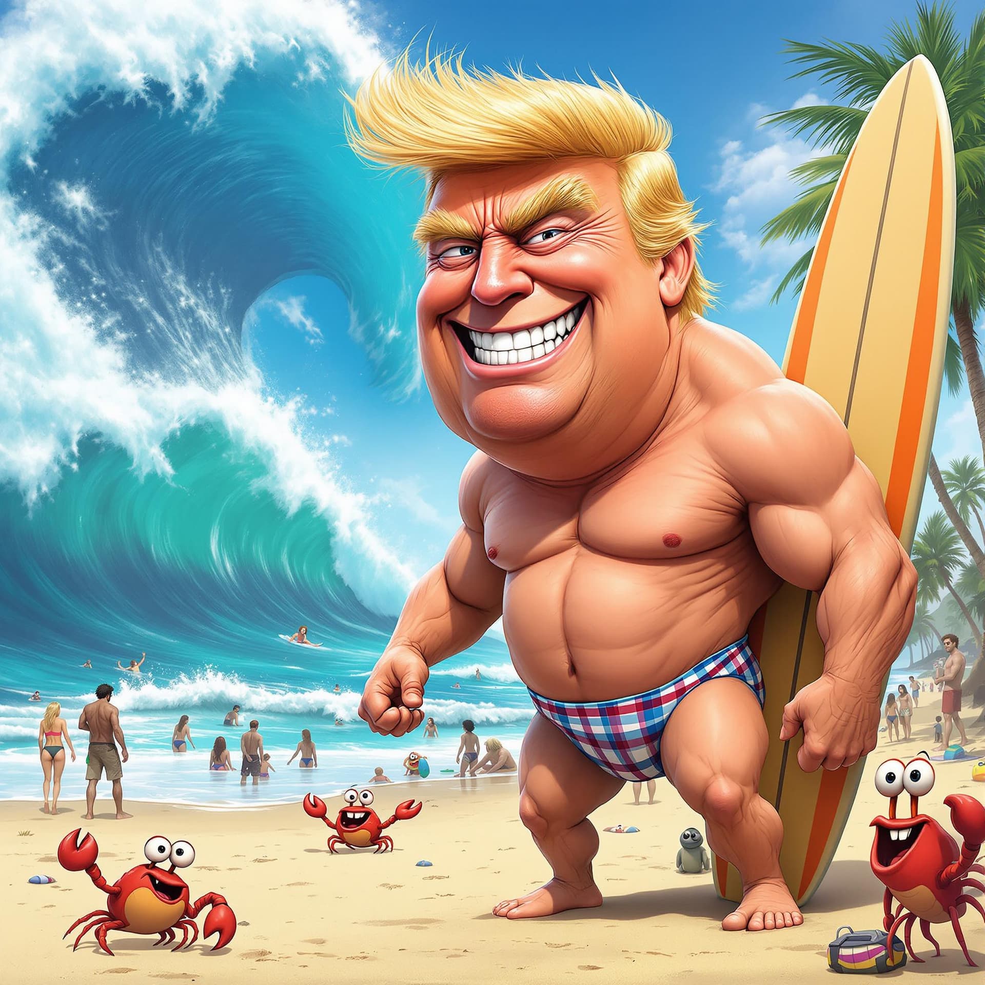 AI generated:  a humorous, exaggerated caricature of Donald Trump. His face has oversized, intense eyes with one e...