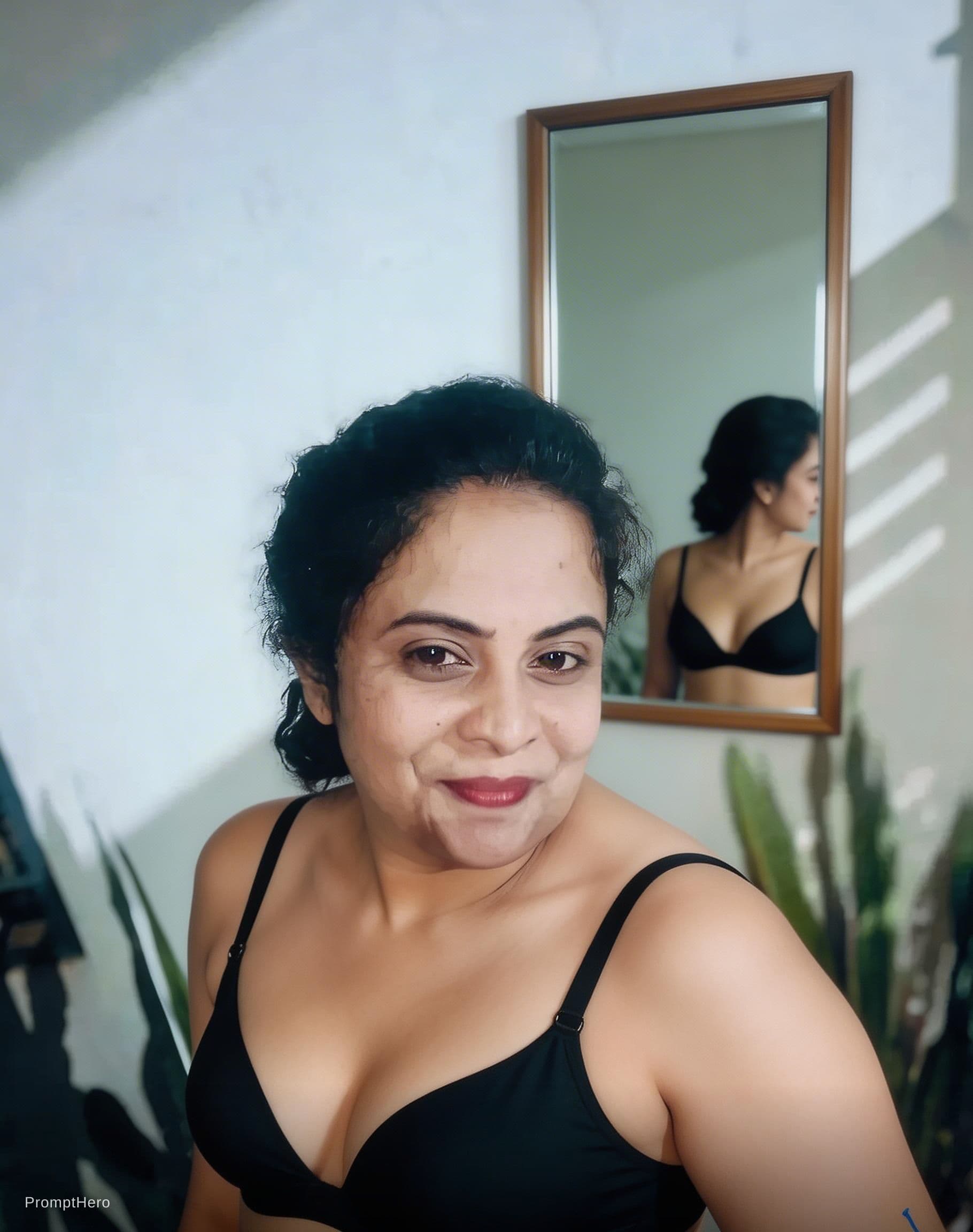 AI generated: Black  bra full showing woman in front of mirror no showing ornaments 
