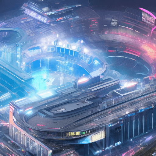 AI generated: Epic illustration of 'Play station 5' transformed into a big cricket stadium. Its design  futuristic...
