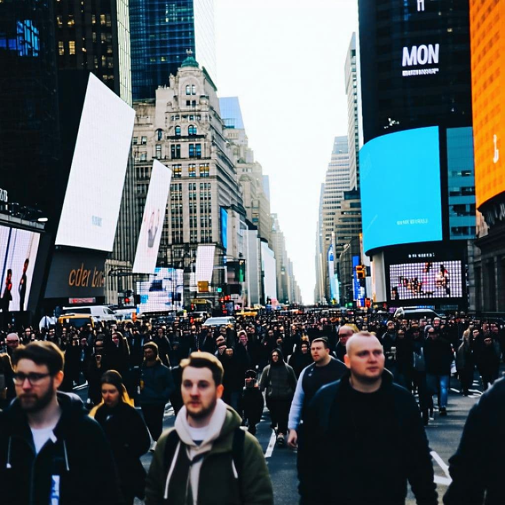 AI generated: A bustling city. Crowds cross the streets, screens illuminate the buildings
