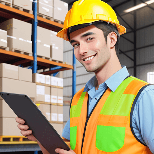 AI generated: Professional manager man employee smile using tablet check stock working at warehouse. Worker wearin...