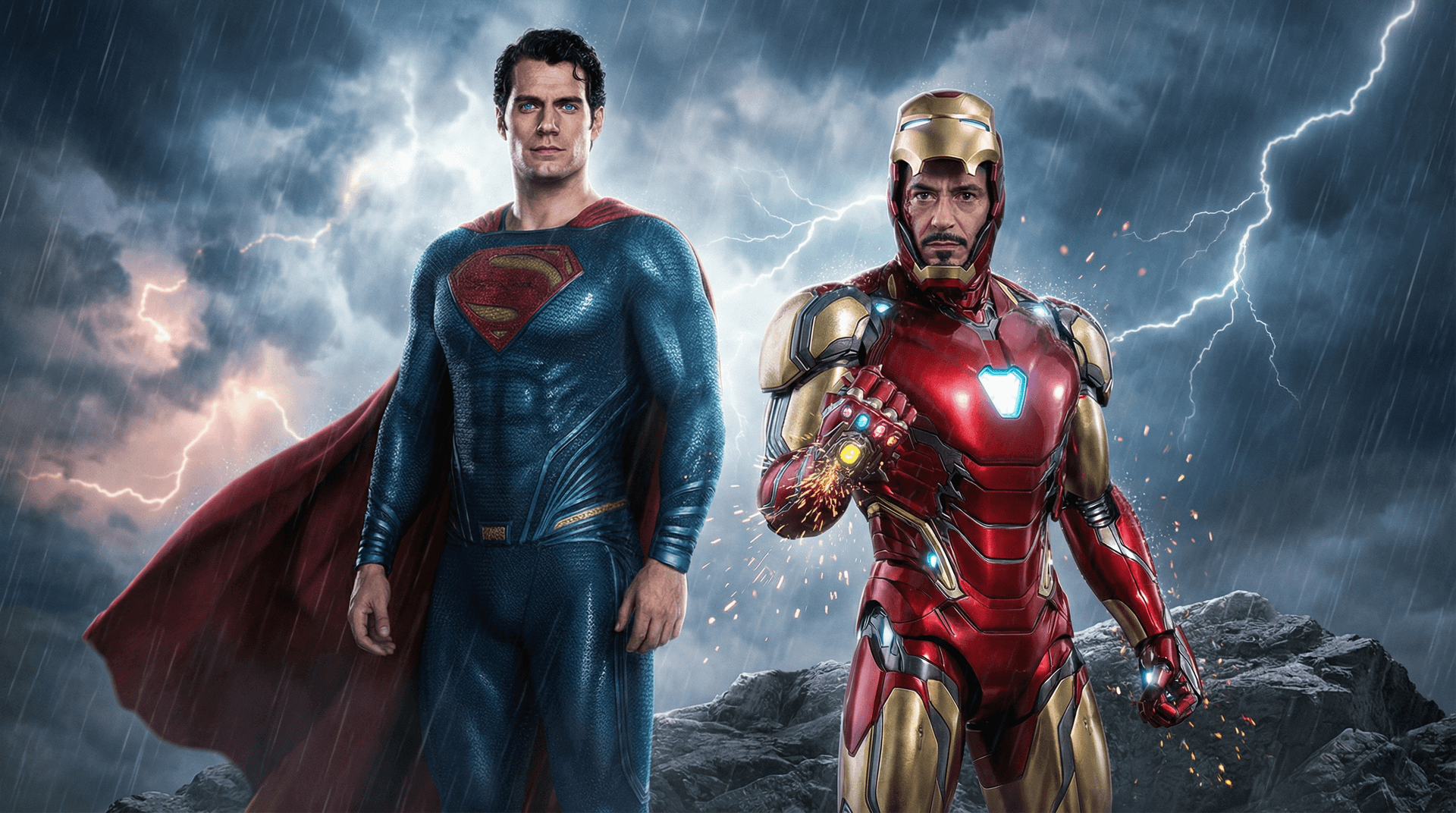 AI generated: Epic cinematic superhero crossover wallpaper.

A tall, muscular Kryptonian hero with a square jaw, d...