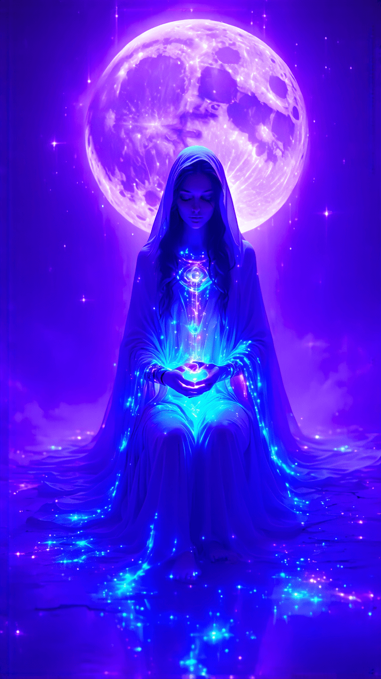 AI generated: “The High Priestess’ Neon Veil” – A mystical, ethereal figure emerges from a neon-drenched cosmic dr...