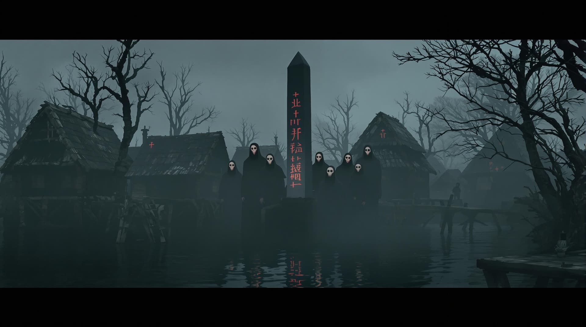 AI generated: Medieval foggy swamp village at dawn, wooden huts on stilts over black water, six mysterious figures...