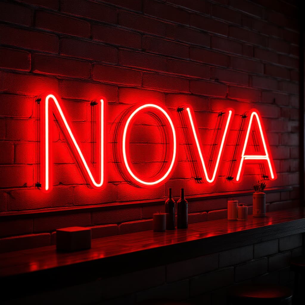 AI generated: hyper realistic red led tube writing desktop sign on top of a industrial look bar  with brick tiles ...