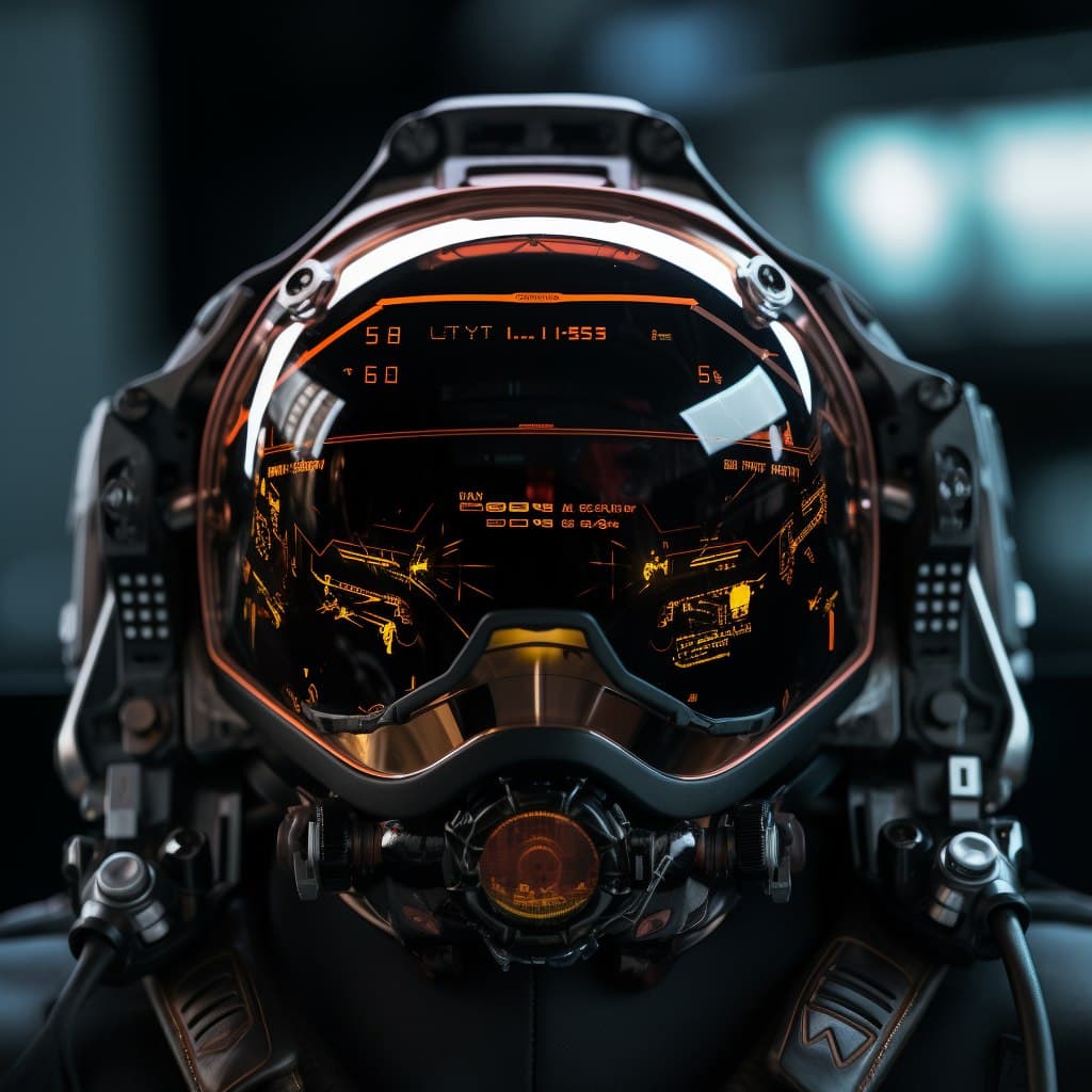 AI generated: the flying helmet is in the subway station, in the style of futuristic cyberpunk, tilt-shift lenses,...