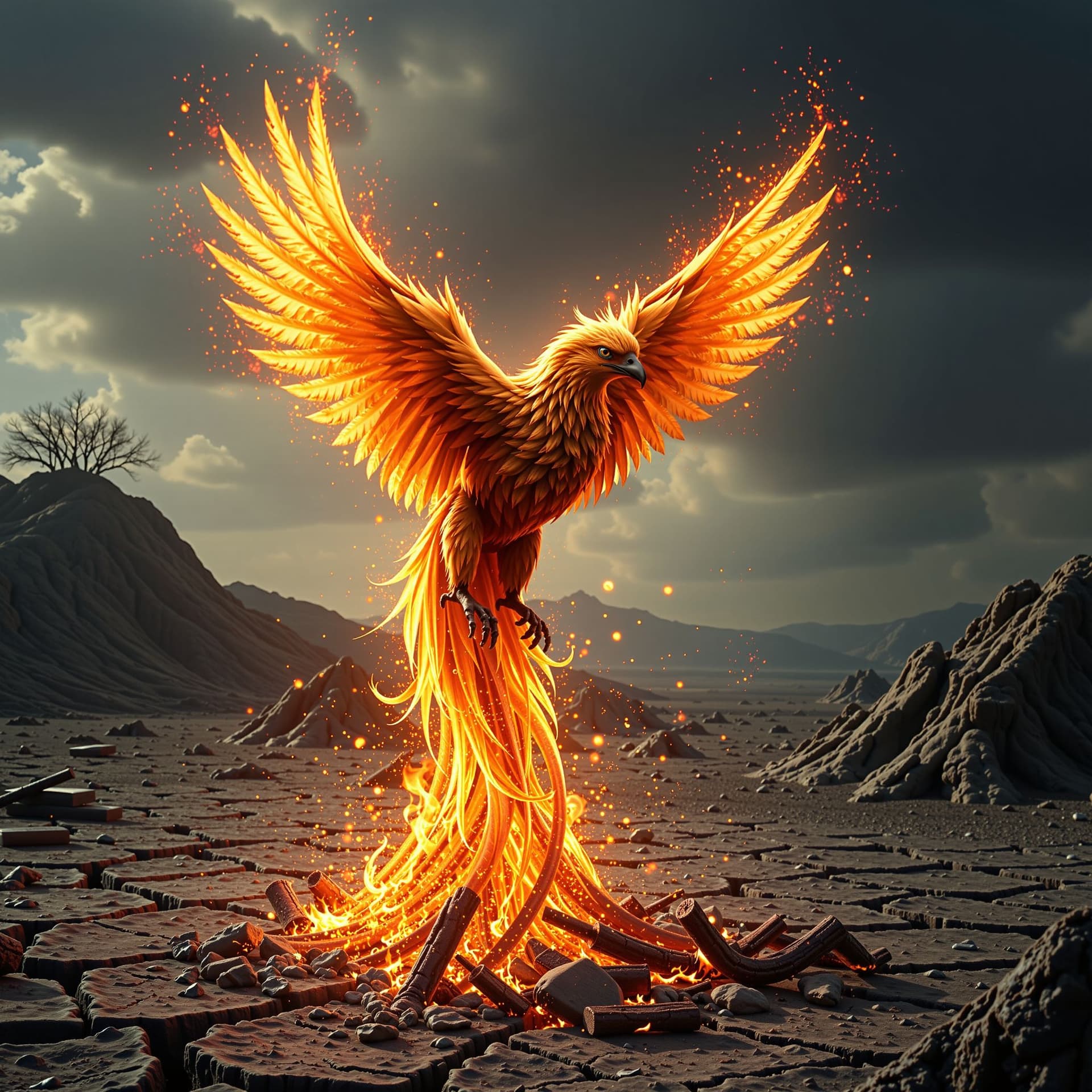 AI generated: Phoenix with feathers of spun gold and embers, rising from a bed of ashes in a desolate, cracked ear...