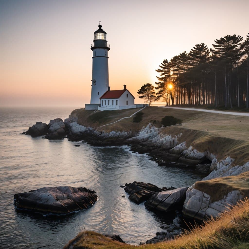 AI generated: Photo of a lighthouse on a baltic coast island, coast, early morning, foggy, in the background the s...