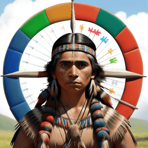 AI generated: retrato de um indígena com seu arco e sete flechas com penas coloridas todas no arco apontando para ...