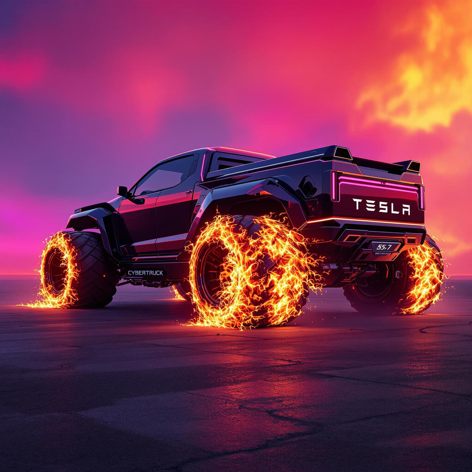 AI generated: side view of a shiny black tesla cybertruck with huge rear tires that has realistic flames coming of...
