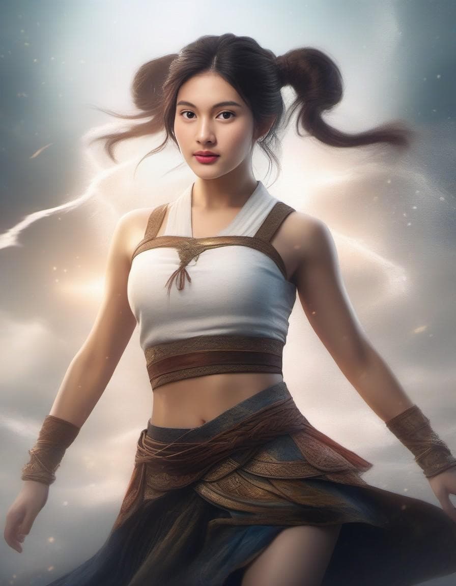 AI generated: a twin tails girl wearing skirt, releasing magic, epic magic, bending shot, from belaow, watercolor,...