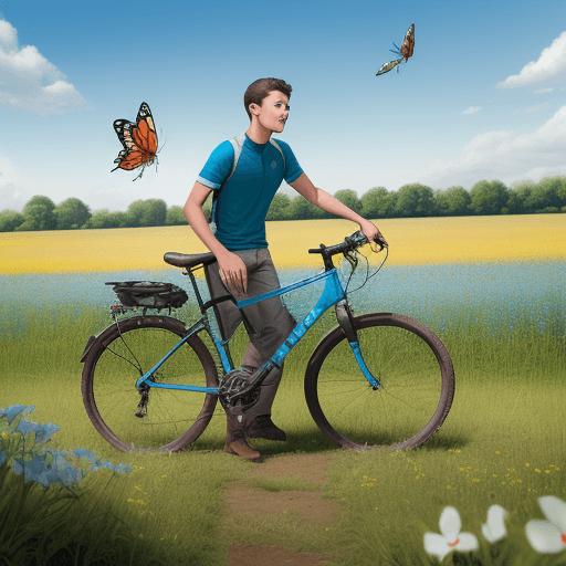 AI generated: High resolution photography exterior, young man trying to catch butterflies in a field. 
The sky is ...
