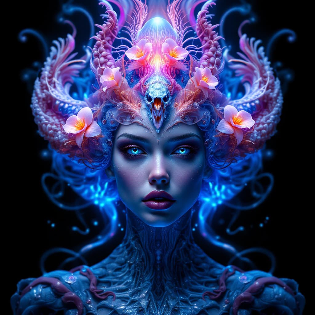 AI generated: Goddess close-up portrait ribcagel. jellyfish phoenix head, nautilus, orchid, skull, betta fish, bio...