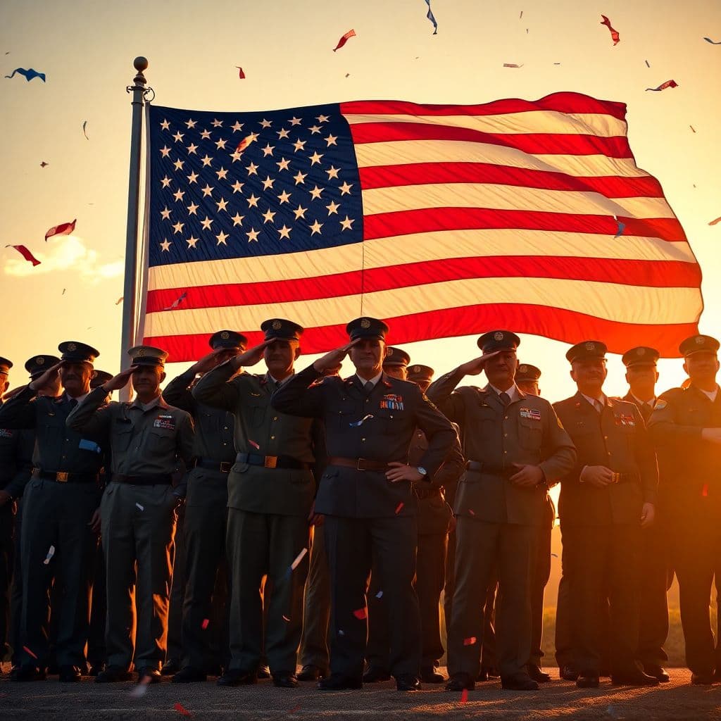 AI generated: A solemn and inspiring scene featuring a diverse group of veterans standing proudly in uniform, salu...