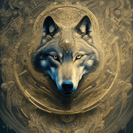 AI generated: create a image, 3d, mask, robotic, black, gold, wolf, intricate, elegant, photorealistic masterpiece...