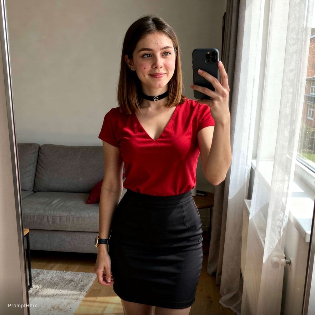 AI generated: Une photo, d'une femme de 18 ans avec des formes ,, a picture, , , dans son salon , la photo est pri...