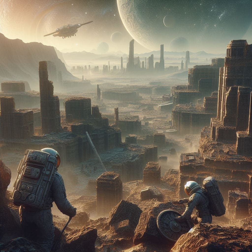 AI generated: an ancient alien ruin on another planet,human astronauts digging at the excavation site.beautiful,hi...