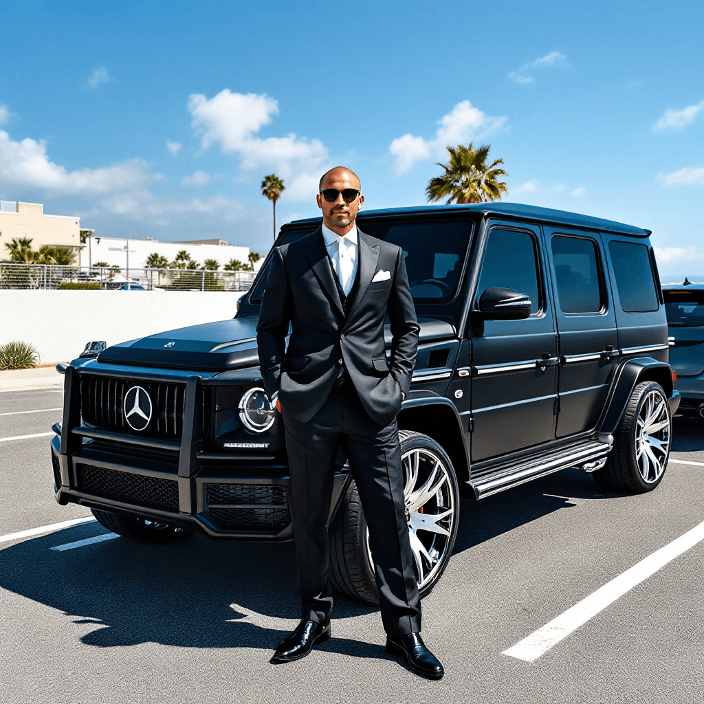 AI generated: A white male wearing a Louis Vuitton suit and dress shoes poses in front of a Mercedes G station wag...