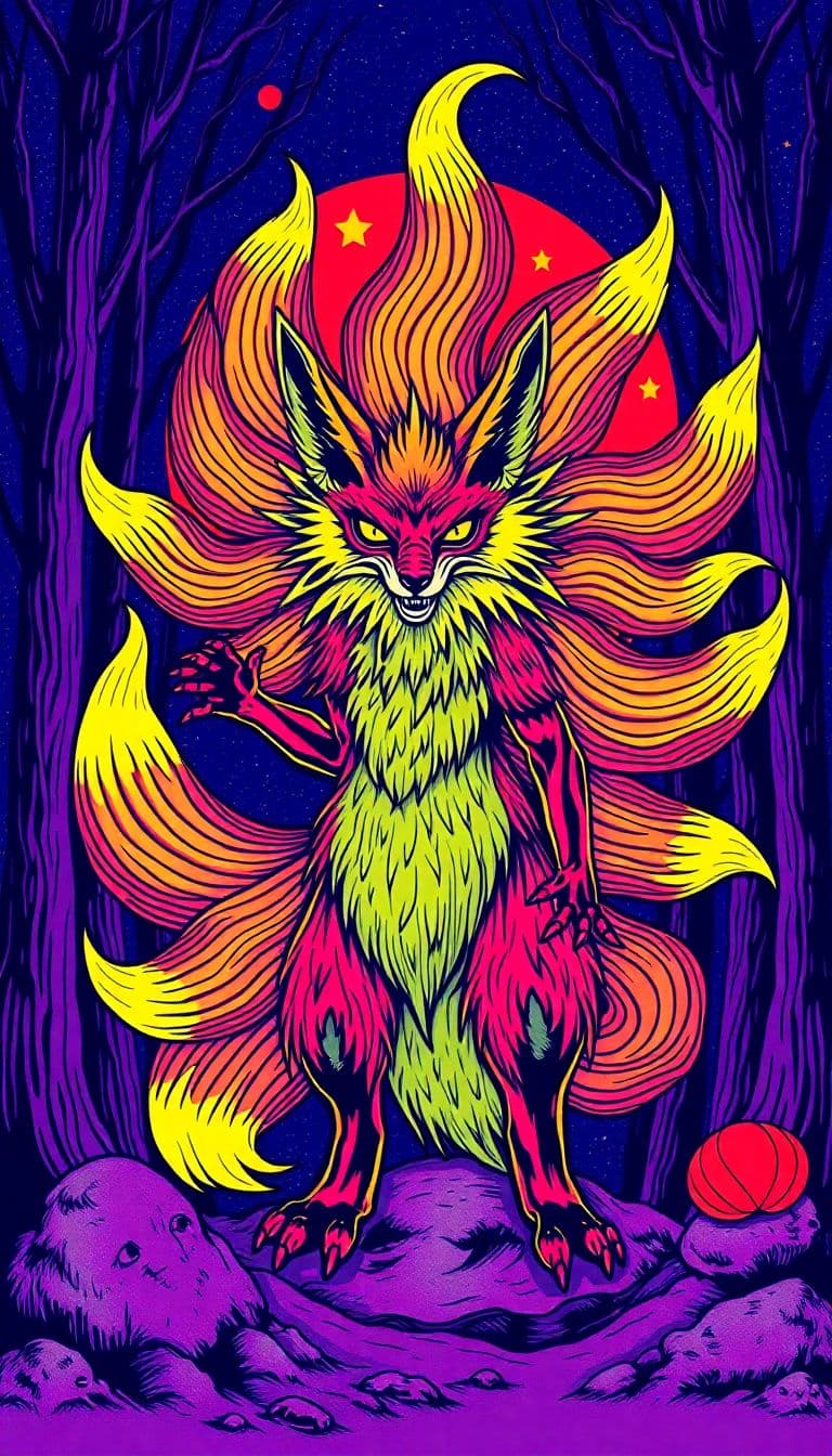 AI generated: Psychedelic japanese fox spirit yokai with nine tails in a dark forest, Psychedelic Concert Posters,...