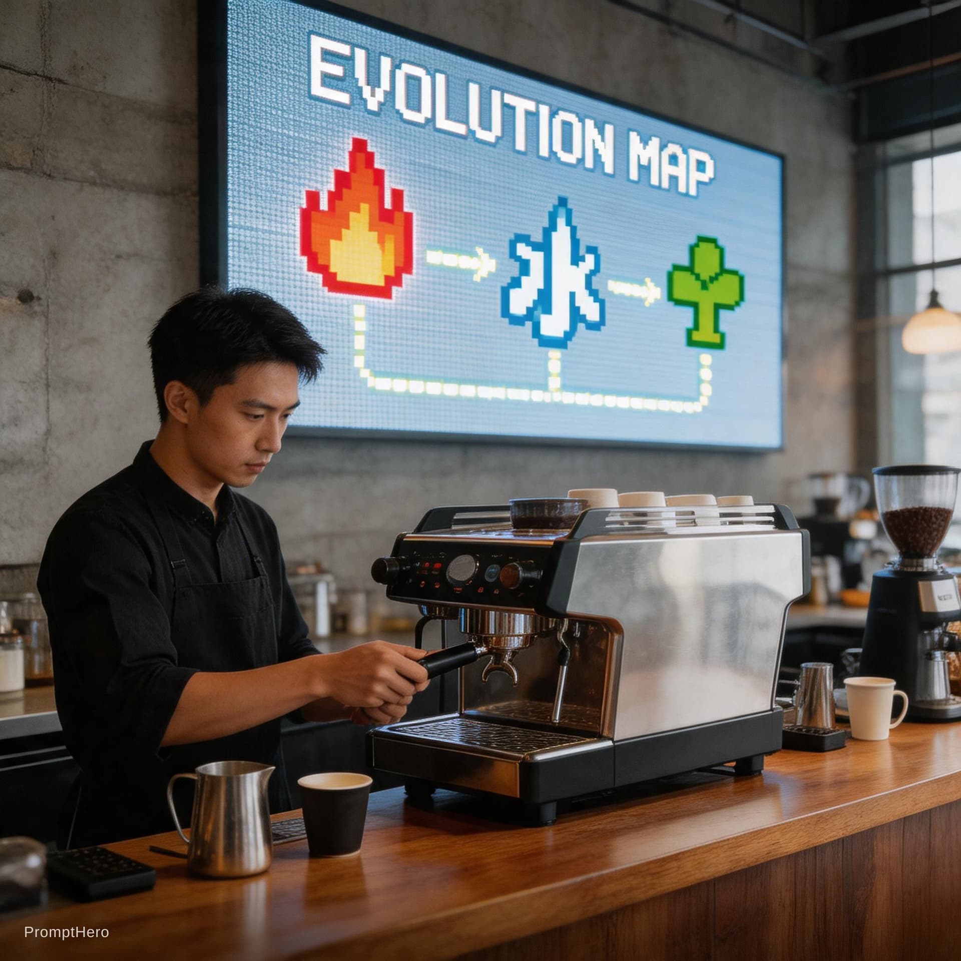 AI generated: A hyper-realistic photograph of a modern industrial-chic boutique coffee shop interior. Architectura...