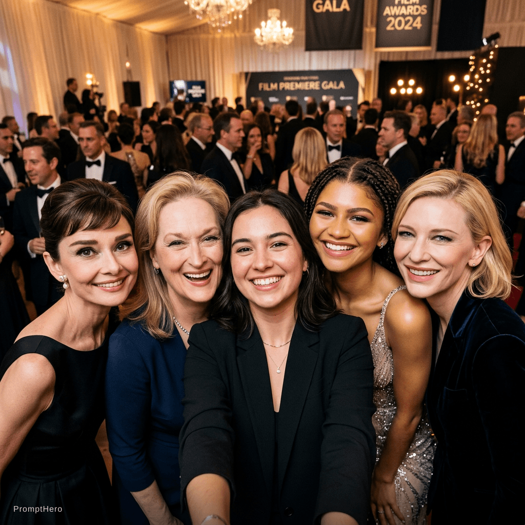 AI generated: with a group of iconic, world-famous female actors from different eras, all smiling and posing natur...