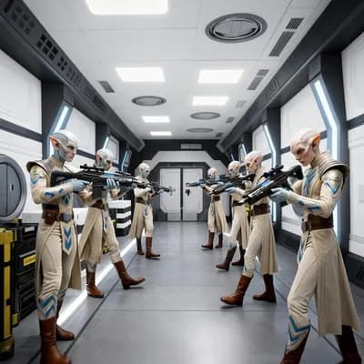 AI generated video: Cinematic Sci-Fi scene. The characters look over and inspect their weapons in the storeroom.  

No w...
