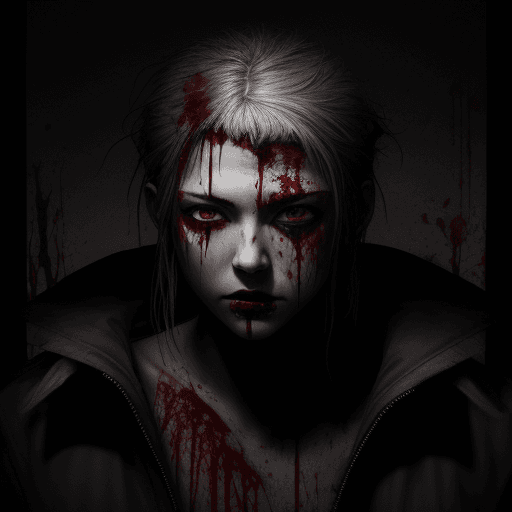 AI generated: blood, bloody, head with knives sticked, blood-colored black eyes, hunter, 12k

