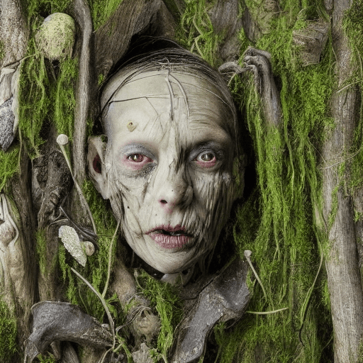 AI generated: A full body full face shot of a scary creepy android, state of decay and brittle, frail, sneezing, r...