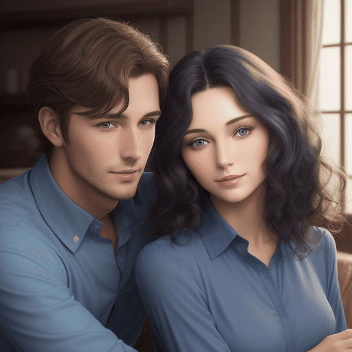 AI generated: portrait, a handsome and friendly short-haired man in a blue long-sleeved shirt, with a woman, beaut...