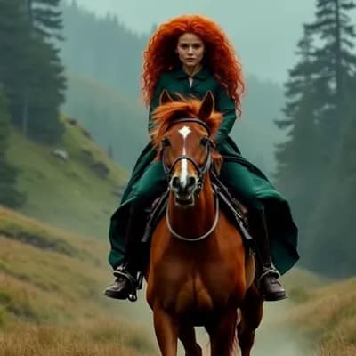AI generated video: the horse gallops towards the camera, Merida's hair flows in the wind