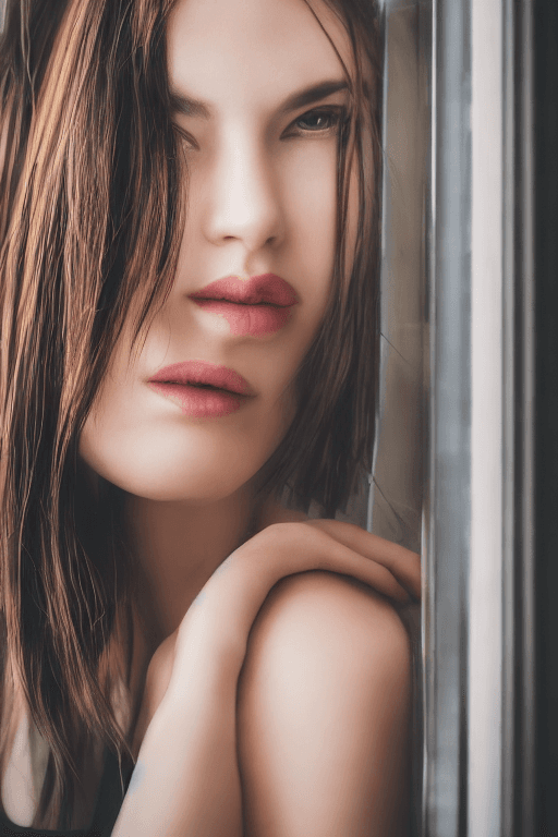 AI generated: portrait photo of a stylish beautiful girl in a future convenience store, asymmetric hair cut, cyber...