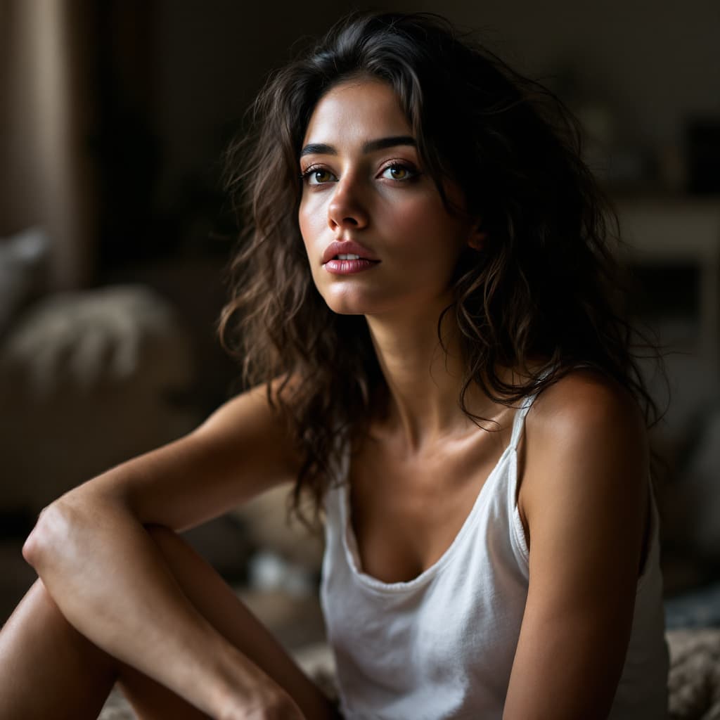 AI generated: This is a photograph of a woman in a moment of quiet contemplation. She is seated on the floor of he...