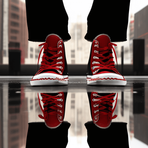 AI generated: photograph, productive, converse red shoes, camouflage pattern, black, spectacular reflection, neon