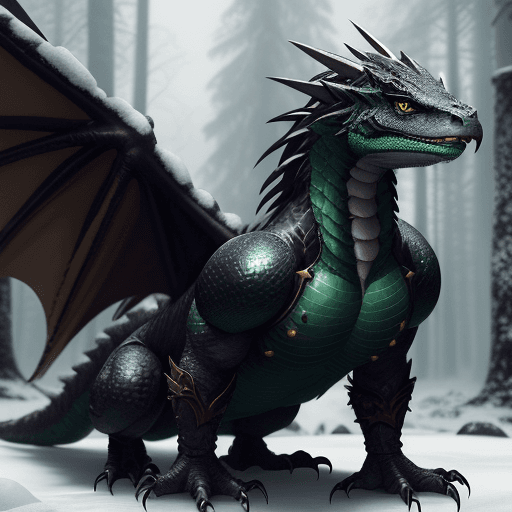 AI generated: hulk steampunk handsome cute black dragon in snowy forest, dnd character, background focus, fantasy,...