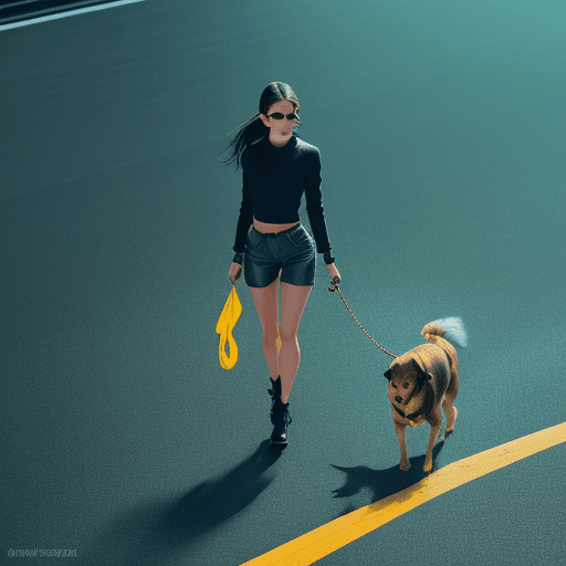 AI generated: The background is a solid teal background in the distance. The floor is black asphalt with a yellow ...