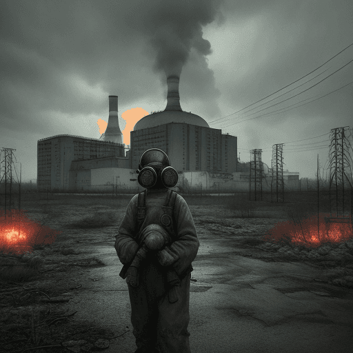 AI generated: Chernobyl nuclear power plant, gloomy atmosphere, one stalker, machine gun, gas mask, mutants around...