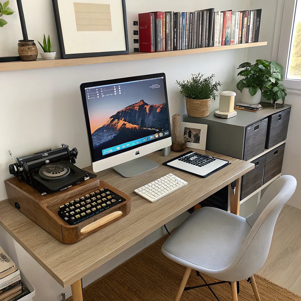 AI generated: A home office featuring dual-boot software setup on a desktop computer, an iPad Pro as a second scre...