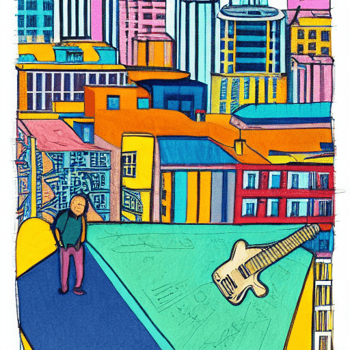 AI generated: Color Field, Berlin Secession, Conceptual art, guitar player sitting on a roof looking down at a cit...