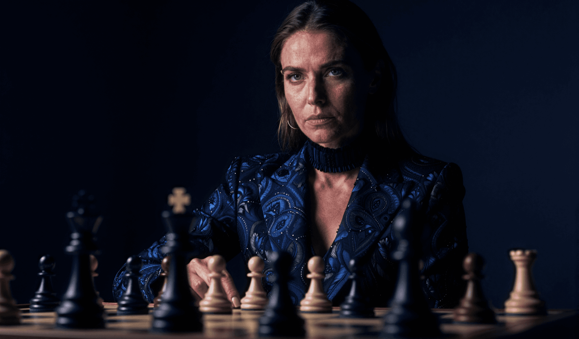 AI generated: A cinematic and moody sponsorship banner for a high-stakes corporate chess tournament. A professiona...