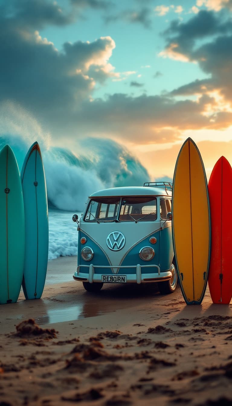 AI generated: A highly detailed distant ,ultra high definition low angle pro photo of a five surfboards standing i...
