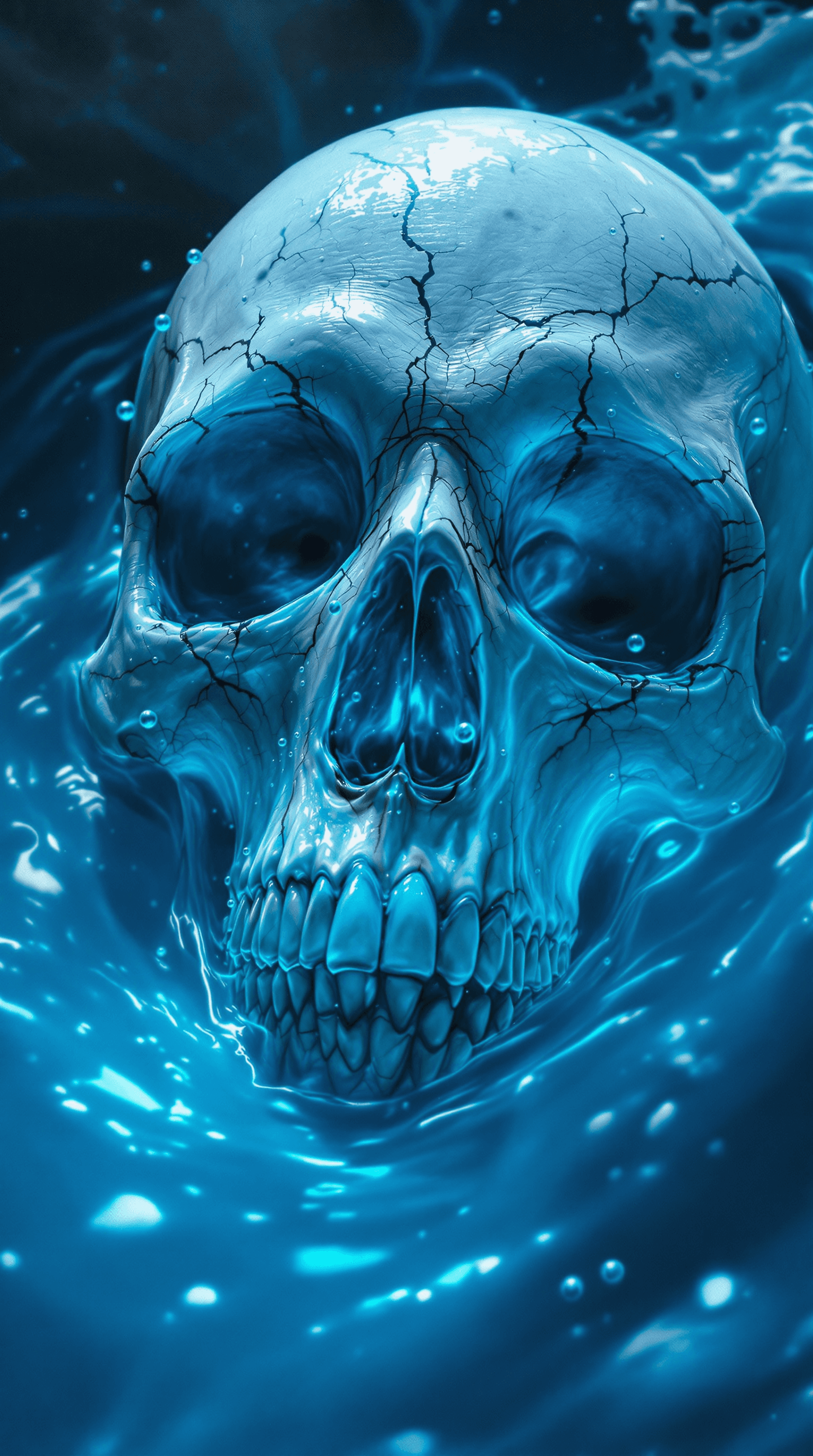 AI generated: A **hyper-realistic, cinematic masterpiece** of a **white skull sinking into a pit of blue slime**, ...