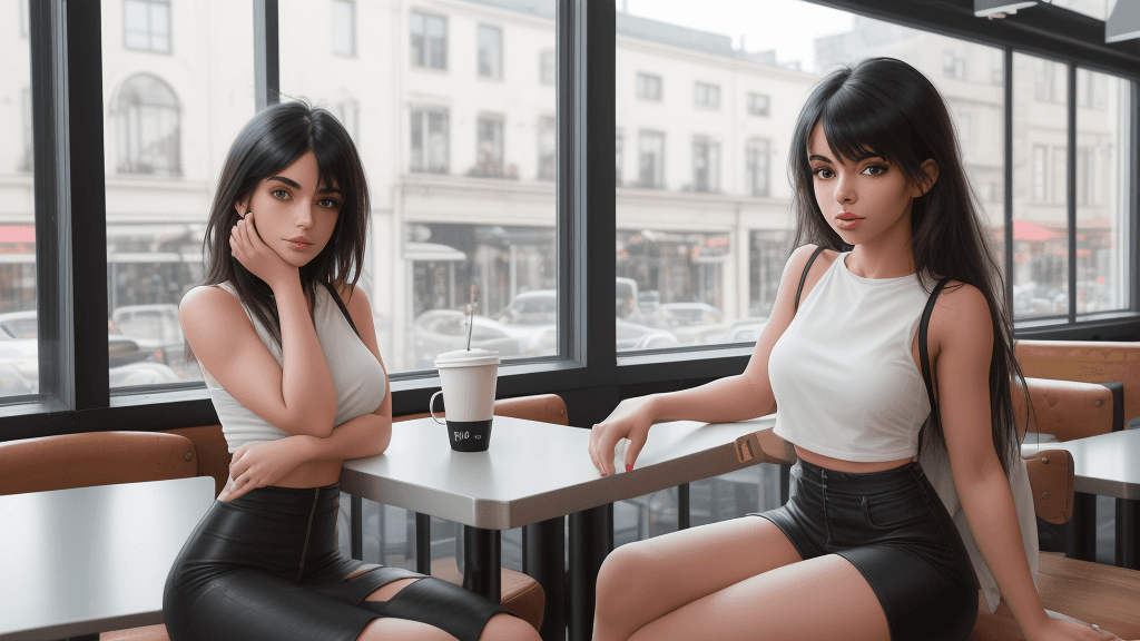 AI generated: .<lora:rMadArt3_NoiseOffset:2>,  Half body photograph of a cute and attractive woman in a trendy caf...