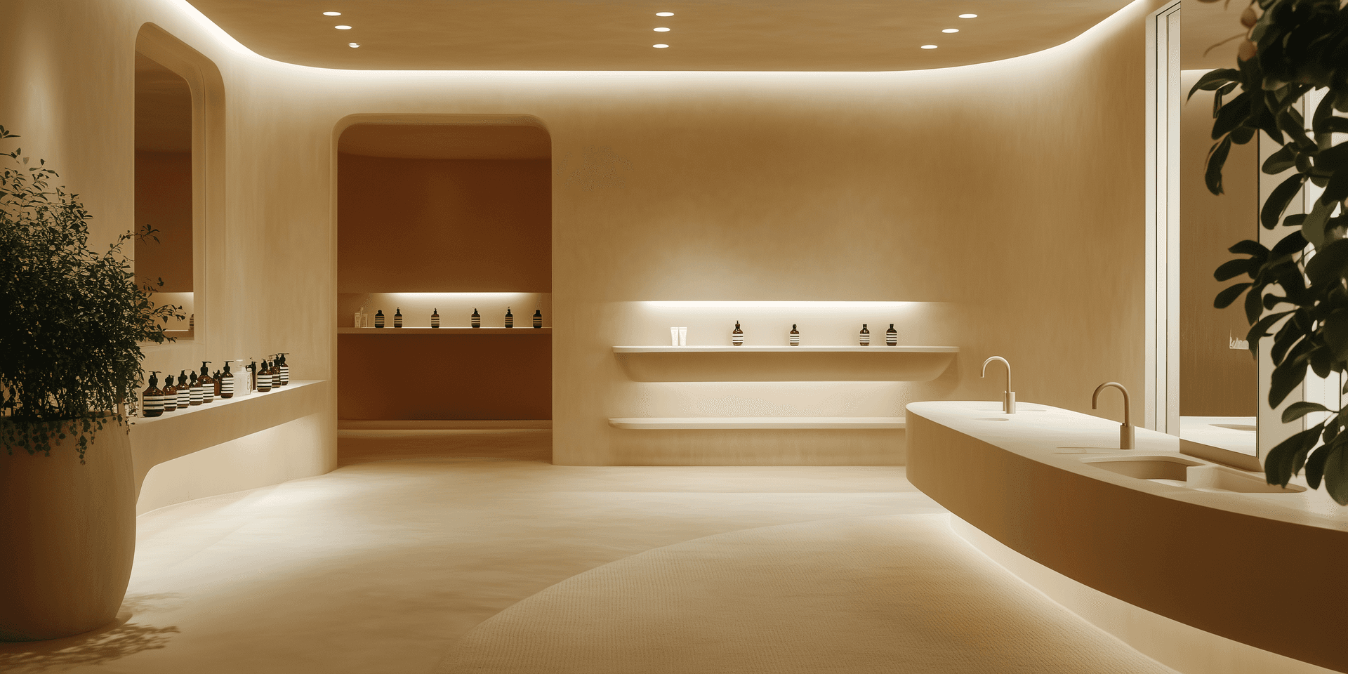 AI generated: Photo, Aesop-branded store design, minimal interior space with warm, low-illumination indirect light...